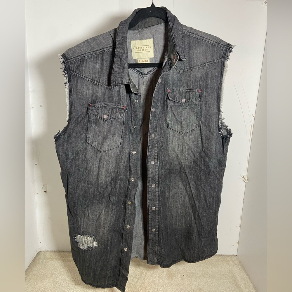 Springfield Classic Black Denim Vest Distressed Raw Edge Snap Front XL
